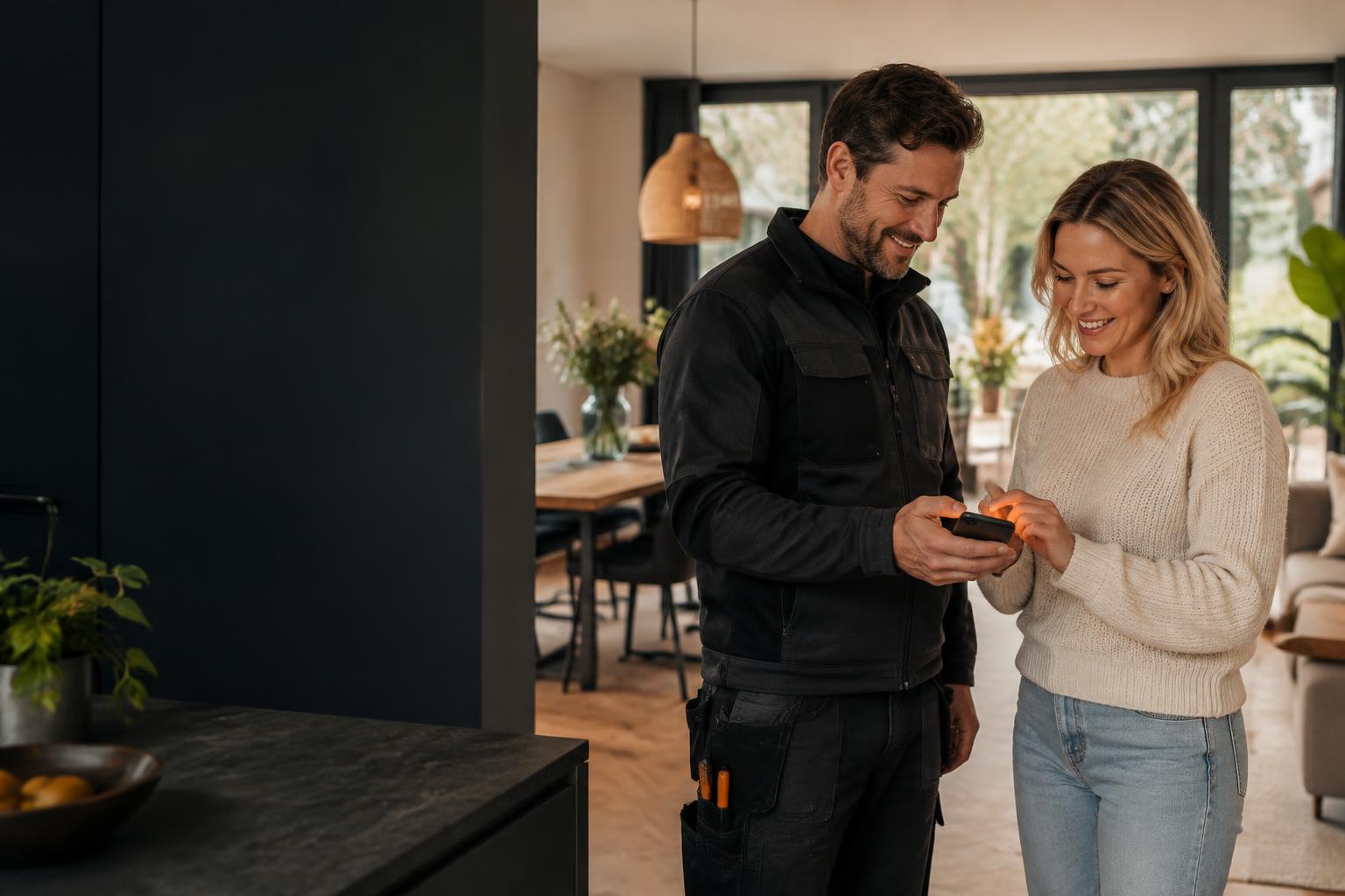 Vakteam controleert samen met een klant de digitale werkbon